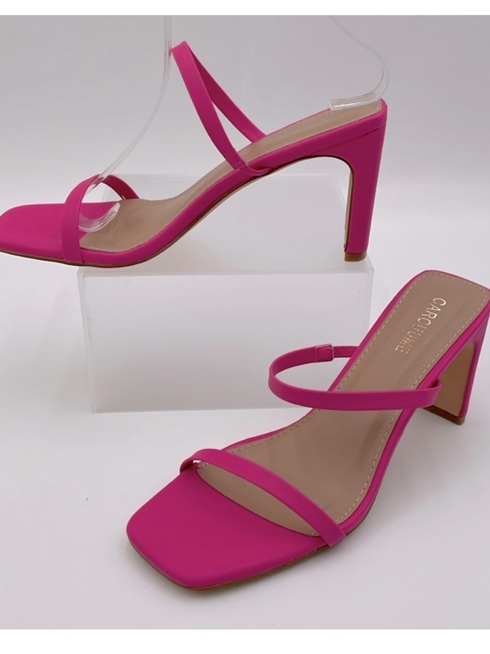 Carcuume Square Toe Two Strap 3.5” Block Heel Slip On Sandal Hot Pink Fauna- 8.5